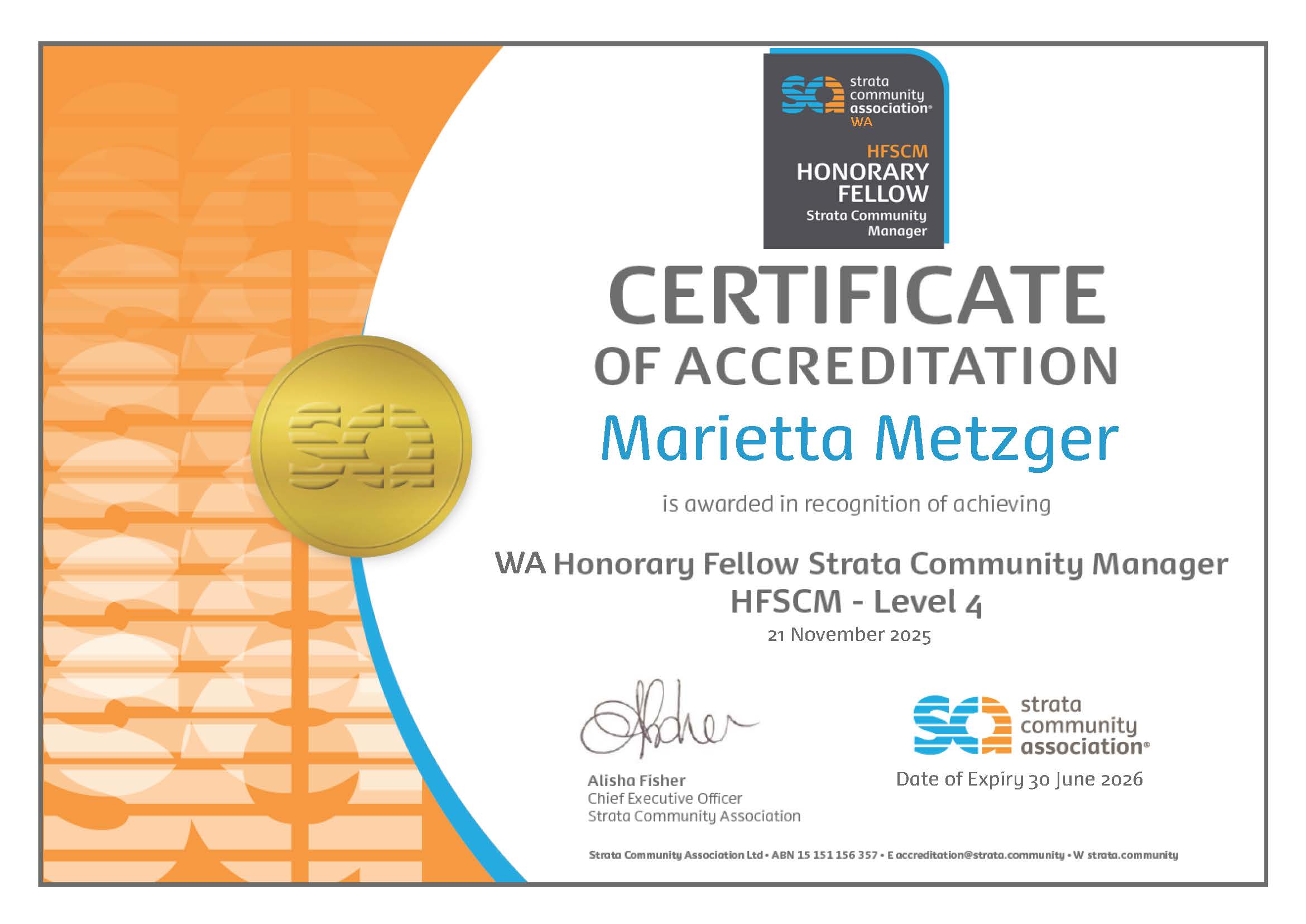 Certificate of Level 4 SCA Honorary Fellow Strata Community Manager (HFSCM) awarded to Marietta Metzger of magixstrata.